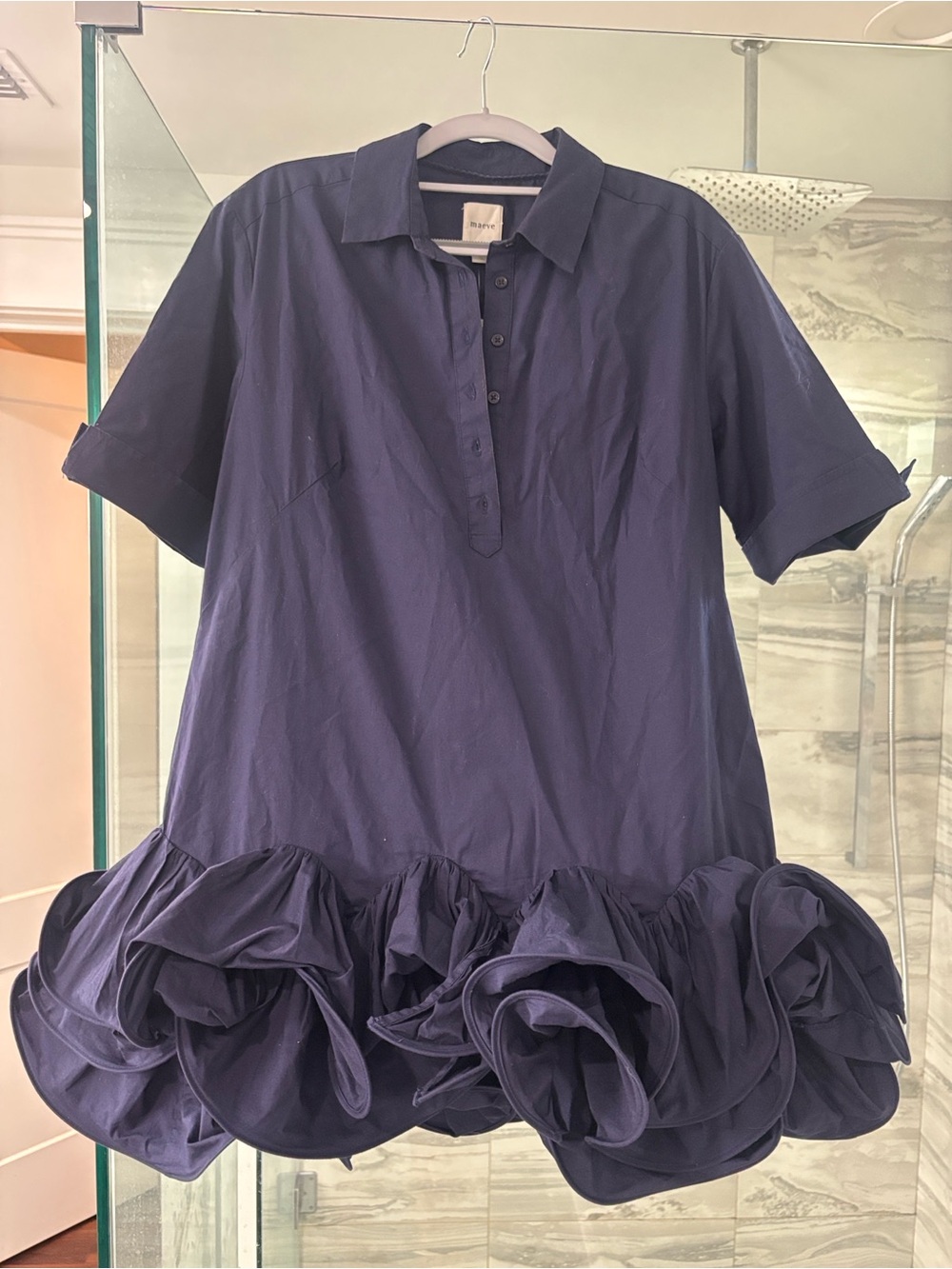 Maeve Cuffed sleeve Navy Button-Front Ruffle Mini Dress